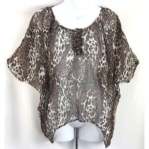 Rachael & Chloe Sheer Top Blouse M Brown Leopard Asymmetrical Dolman 90s Glam